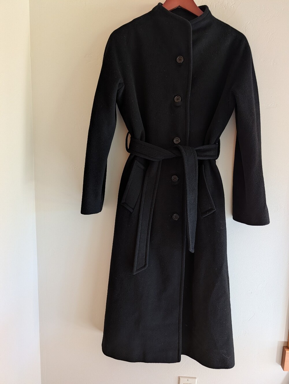Cashmere Vintage Coat Funnel Neck Stand Collar Midi Belted Lined Small